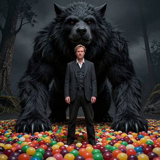 Photograph-style CGI of a serious man in a black suit standing between a massive, intimidating black werewolf, surrounded by colorful candy on a dark forest