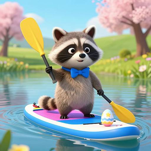 CGI image of a cute, gray-furred raccoon with a blue bowtie paddling a colorful stand-up paddleboard on a serene, flower