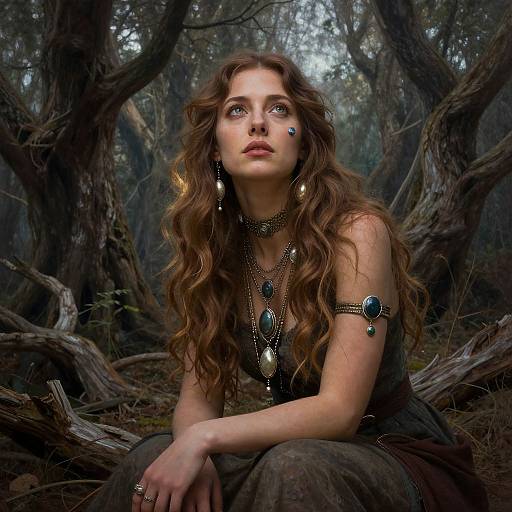Photograph of a young woman with wavy brown hair, wearing dark jewelry, sitting in a dense, misty forest with twisted trees.