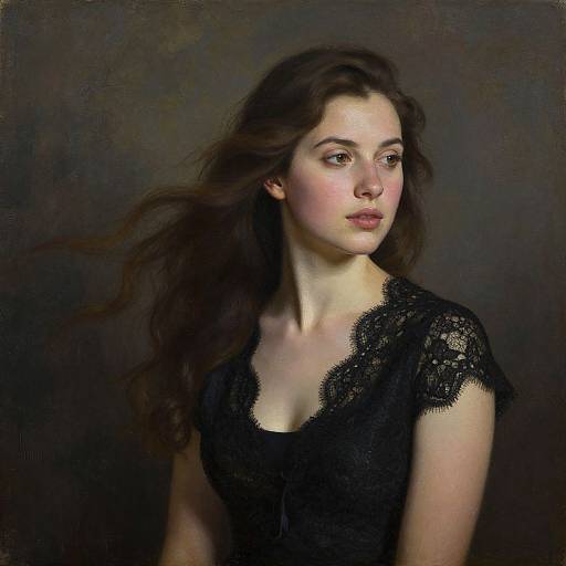 Digital painting of a fair-skinned young woman with long brown hair, wearing a black lace dress, gazing thoughtfully to the right. Dark,