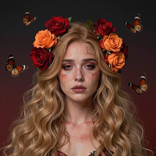 Photorealistic digital portrait of a fair-skinned woman with wavy blonde hair, red and orange flower crown, cracked face makeup, surrounded by floating