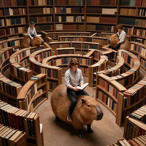 Photograph of three people riding large, brown, woolly moose-like creatures through a circular library filled with wooden bookshelves.
