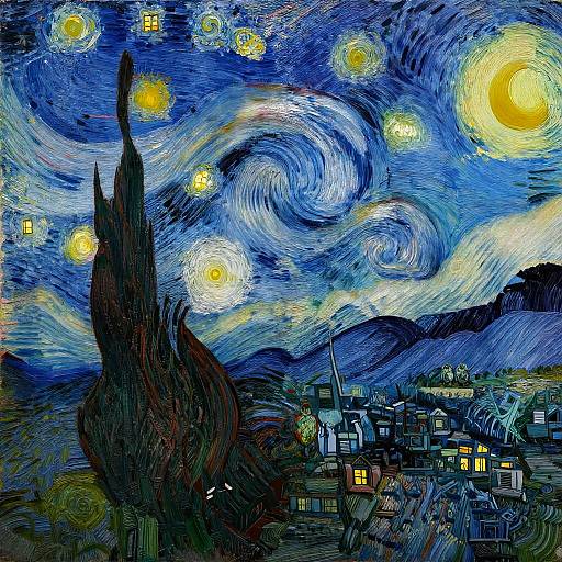 Van Gogh Style Mountain Cabin Night