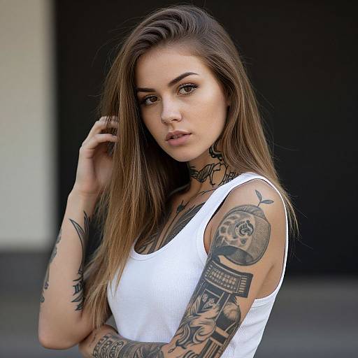 Tattooed Woman in White Top