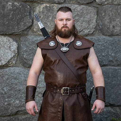 Photograph of a muscular, bearded man with long brown hair, wearing a brown leather Viking-style outfit, standing against a stone wall. He has