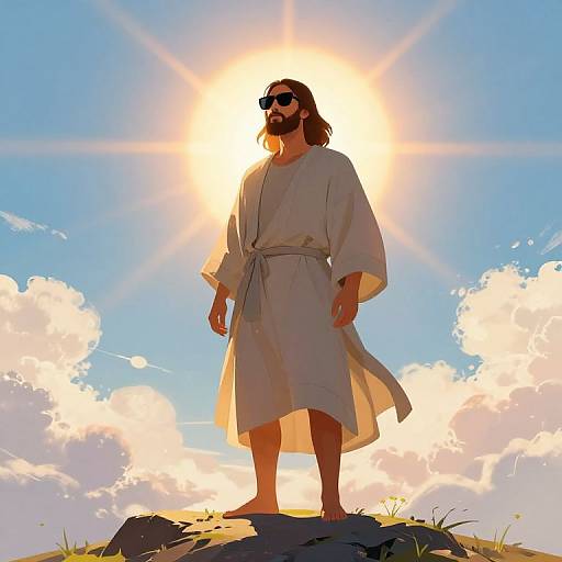 Jesus on Sunny Mountaintop with Sunglasses