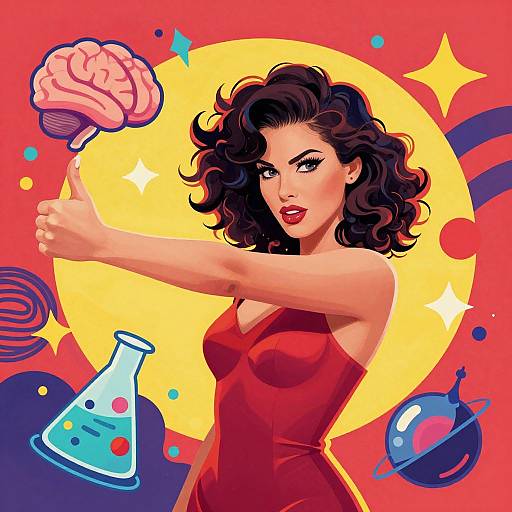 Digital pop-art style illustration of a curvy woman with dark curly hair, red dress, pointing at a floating brain, against a yellow moon and colorful