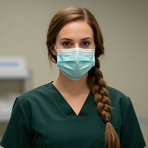 Photograph of a young woman with brown hair in a braid, wearing a teal scrub top and blue surgical mask, against a blurred medical background.