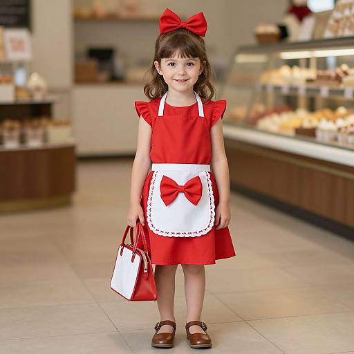 Photograph of a young girl with brown hair, wearing a red dress, white apron with red bow, red bow headband, brown shoes,