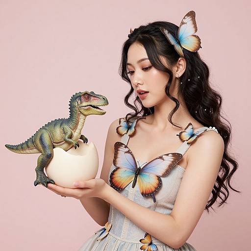 Digital artwork of an East Asian woman with long black hair, wearing a white dress adorned with blue and orange butterflies, holding a white egg with a green