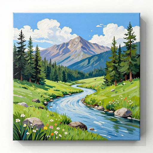 Digital illustration of a vibrant mountain landscape with a winding blue river, green grass, pine trees, white flowers, and a towering mountain under a bright blue