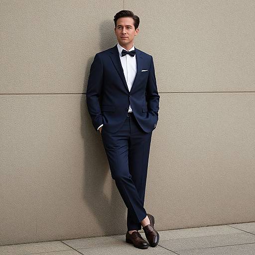 Photograph of a tall, handsome man with short brown hair, wearing a dark navy tuxedo, white shirt, black bow tie, and brown