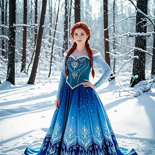 Woman in Blue Ice Queen Dress in Snowy Forest