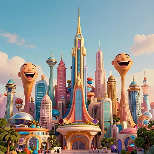 Vibrant, cartoon-style digital illustration of a colorful, futuristic cityscape with smiling, anthropomorphic skyscrapers under a blue sky with fluffy clouds