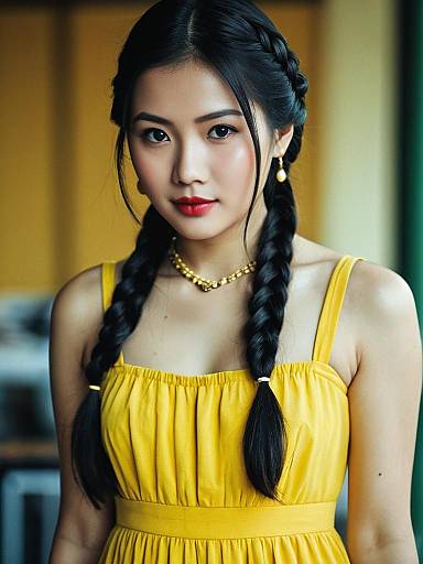 Asian Woman in Yellow Dress with Braided Hair