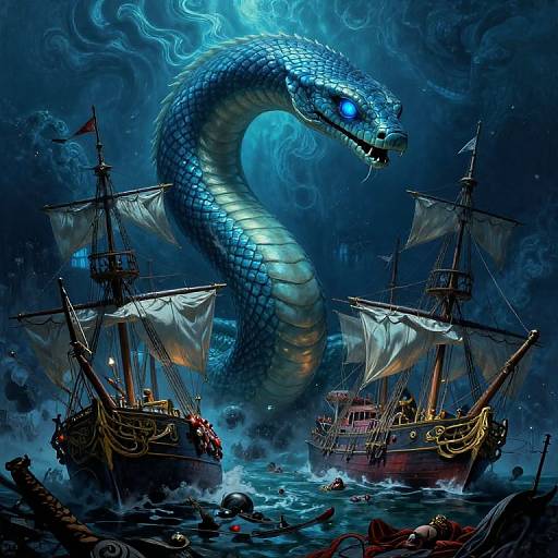 Digital fantasy artwork: A massive, glowing blue serpent with fierce eyes rises from dark, stormy waters, looming over two wooden pirate ships with billowing