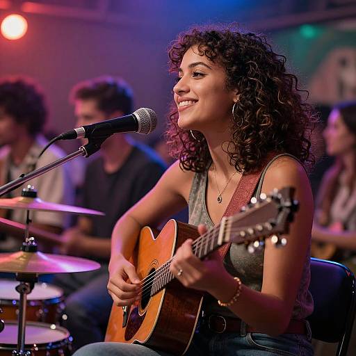 Photograph of a smiling curly-haired woman with tan skin, wearing a gray tank top, playing an acoustic guitar on stage, microphone in front, with