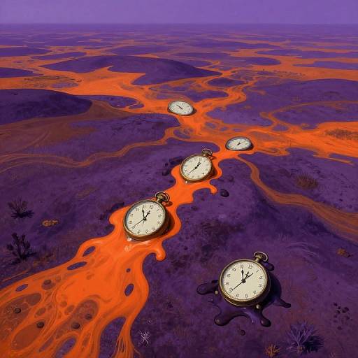 Digital artwork of five floating clocks in a surreal, purple desert with vibrant, orange molten paths winding through dark, barren land.