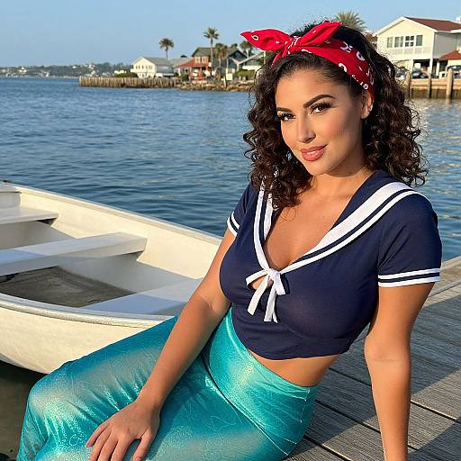 Photograph of a curly-haired woman with tan skin, wearing a navy sailor top, red bandana, and shimmering blue skirt, sitting on a