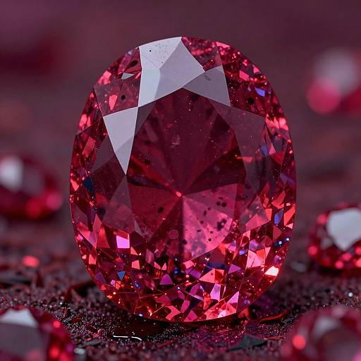 Photograph of a brilliant, deep red, faceted gemstone, reflecting light, set against a dark, textured background with scattered smaller red gems.