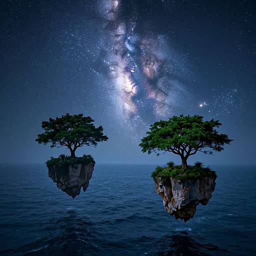 Photograph-like digital art: Two floating, grass-topped islands in a starry ocean night sky, with the Milky Way prominently visible overhead.