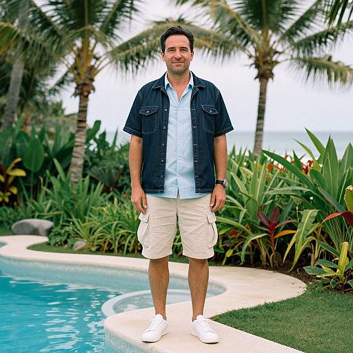 Photograph of a smiling middle-aged man with short dark hair, wearing a blue denim jacket, white shirt, beige shorts, and white sneakers, standing