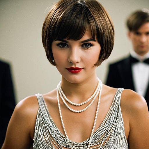 Elegant Woman in Beaded Flapper Dress with Pearl Necklace