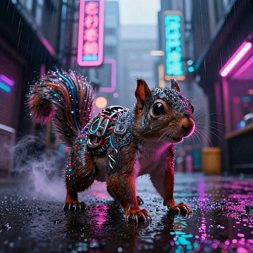 Digital art of a cybernetic squirrel with glowing neon lights, standing on a rain-soaked, neon-lit city street at night.