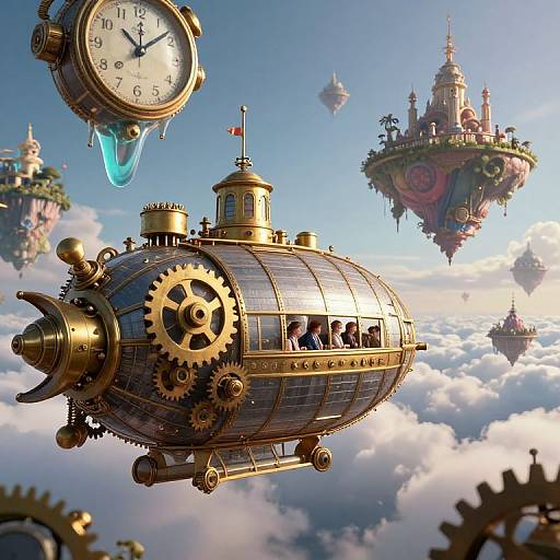 Steampunk airship with clock, gears, and passengers flying above floating islands and clock towers in a bright, cloudy sky. Digital art.