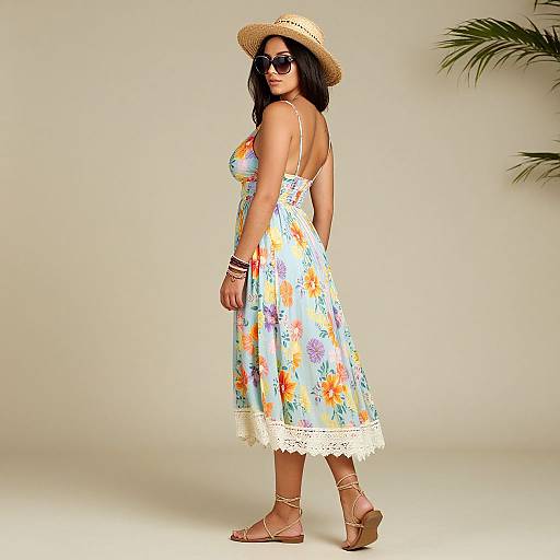 Photograph of a curvy woman with medium skin tone, wearing a colorful floral dress, straw hat, sunglasses, and sandals, standing against a plain