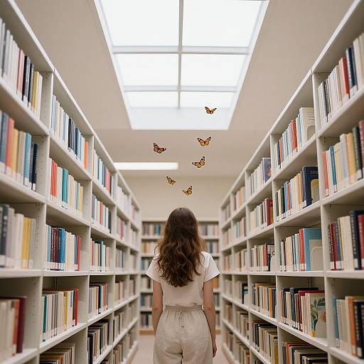 Photograph of a woman with long brown hair, white shirt, and white pants, standing in a library aisle, facing away, with colorful books on