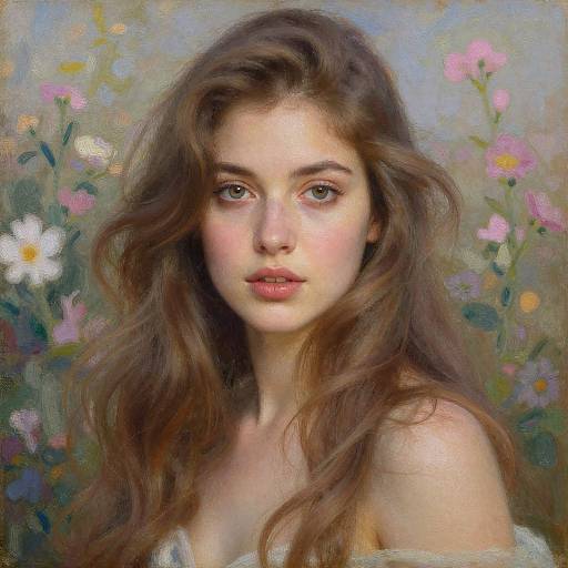 Digital painting of a young, fair-skinned woman with wavy brown hair, soft pink lips, and blue eyes, surrounded by colorful flowers.