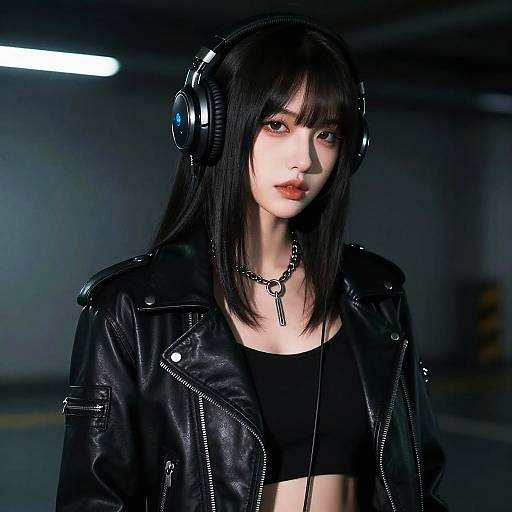 Photograph of a young Asian woman with pale skin, black straight hair, wearing a black leather jacket, headphones, black crop top, and necklace,