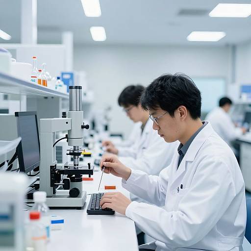 Photograph of an Asian male scientist in a white lab coat, using a microscope in a brightly lit, modern laboratory.