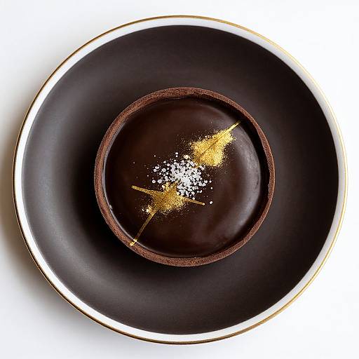 Top-down photograph of a dark black bowl with a white rim, containing a dark liquid, gold leaf, and white salt.