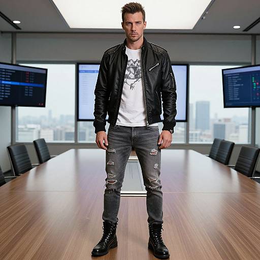 Photograph of a muscular, bearded man with short brown hair, wearing a black jacket, white graphic tee, ripped jeans, and black boots,