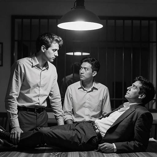 Interrogation Room with Three Men in Black and White