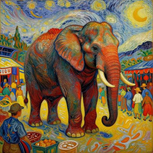 Vibrant digital painting of a large elephant with red and blue hues, standing in a colorful, starry market scene reminiscent of Vincent van Gogh