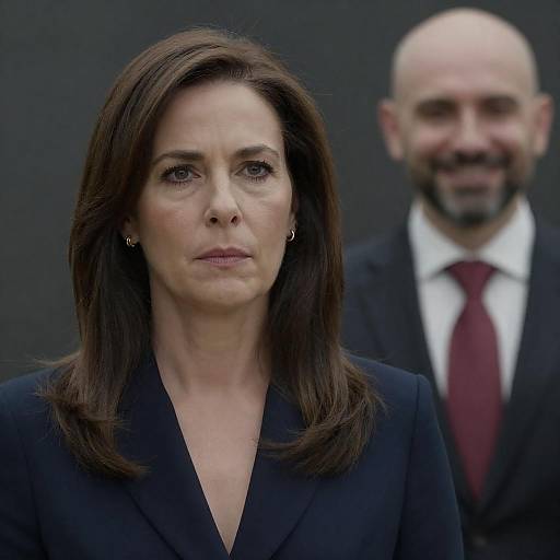 Serious Woman with Smiling Man in Suits