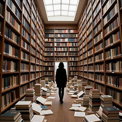 Photograph of a person in a dark coat standing in a vast, dimly lit library aisle with tall wooden bookshelves and scattered stacks of books