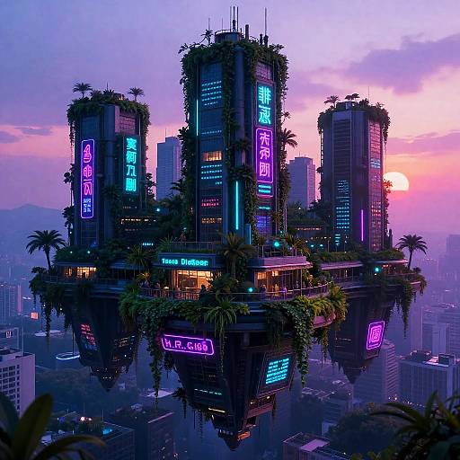 Giger-Inspired Bioluminescent Rooftop Metropolis at Sunset