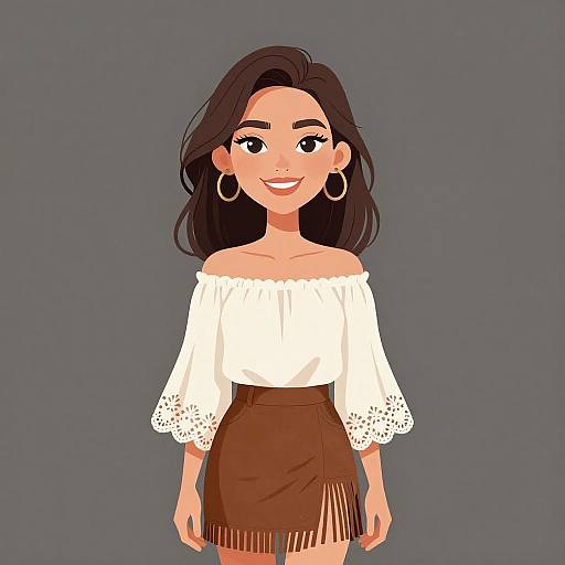 Digital illustration of a smiling young woman with dark hair, wearing an off-shoulder white blouse, brown skirt with fringes, and large hoop earrings
