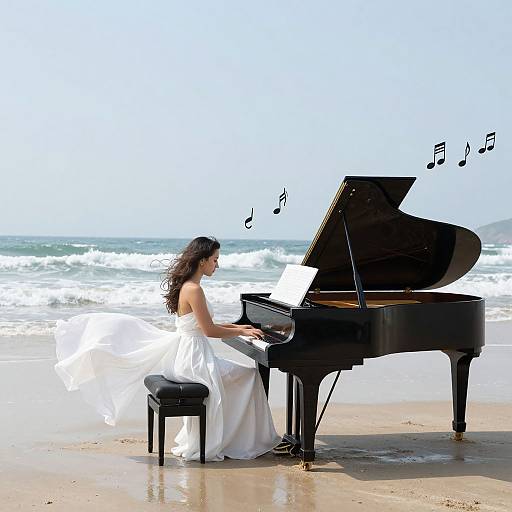 Photograph of a woman with long black hair, wearing a white dress, playing a black grand piano on a sandy beach with waves and musical notes in