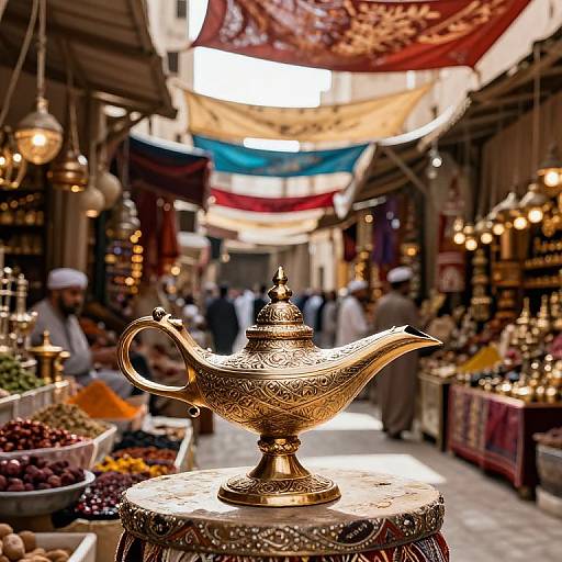 Photograph of a detailed, ornate gold tea set on a patterned table in a bustling, colorful Middle Eastern market.