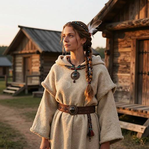 Photograph of a young woman in a beige, woolen medieval-style dress with a braided hairband, standing in front of rustic wooden houses at
