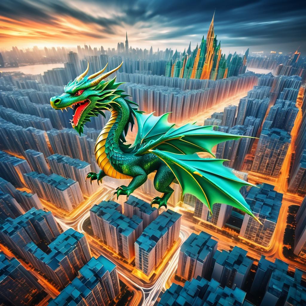 Surreal Dragon Over Bustling Cityscape