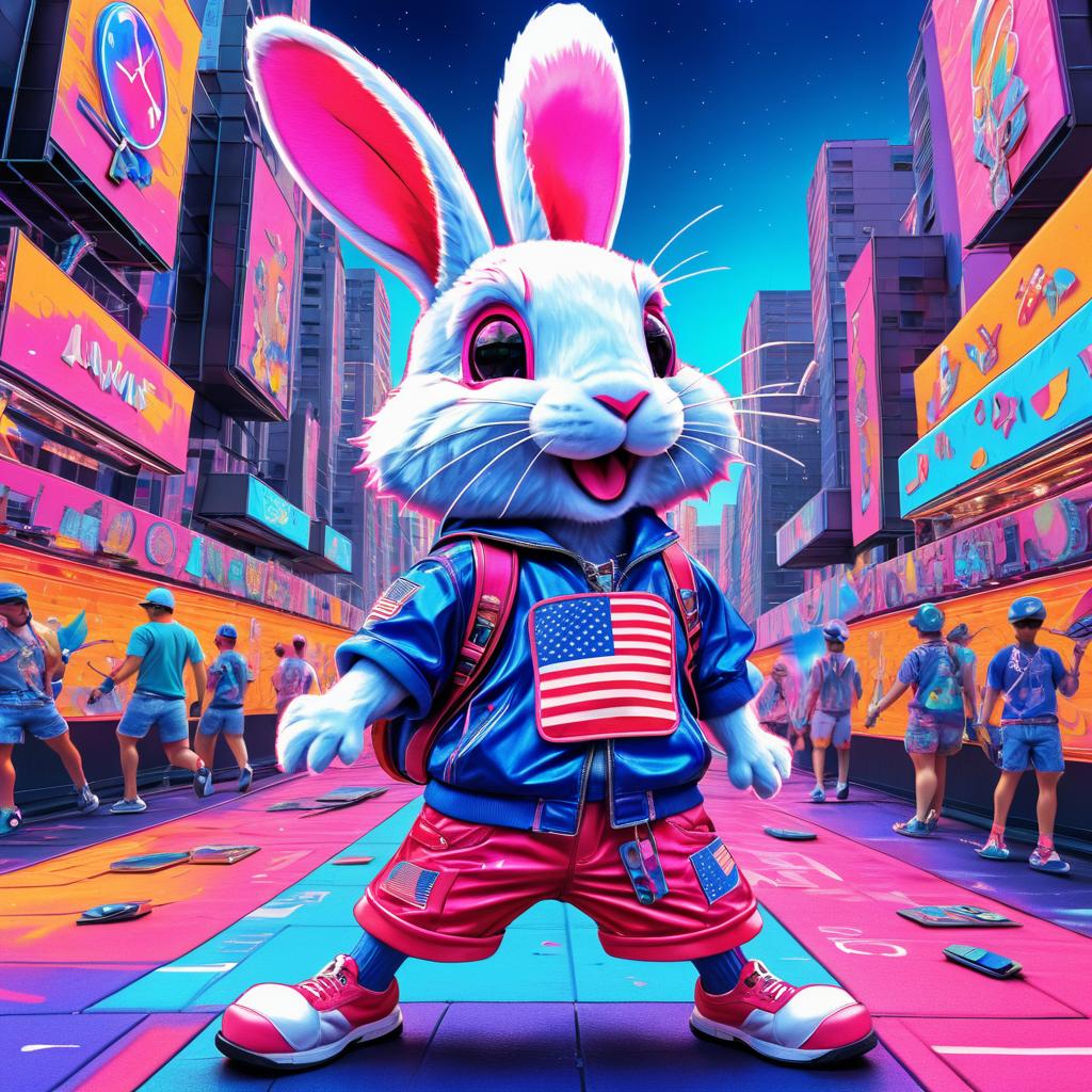 Vibrant Pop Art Rabbit in Cyberpunk Tokyo