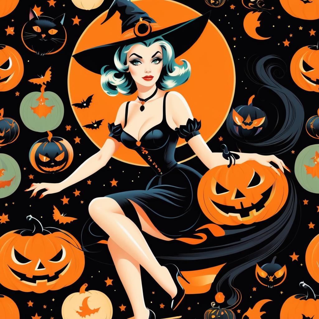 Vintage Halloween Pin-Up Witch Illustration