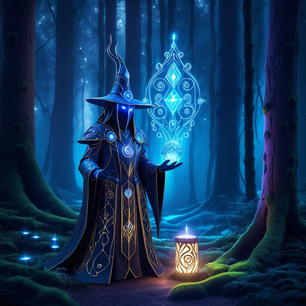 Mystical Robot Sorcerer in Enchanted Forest