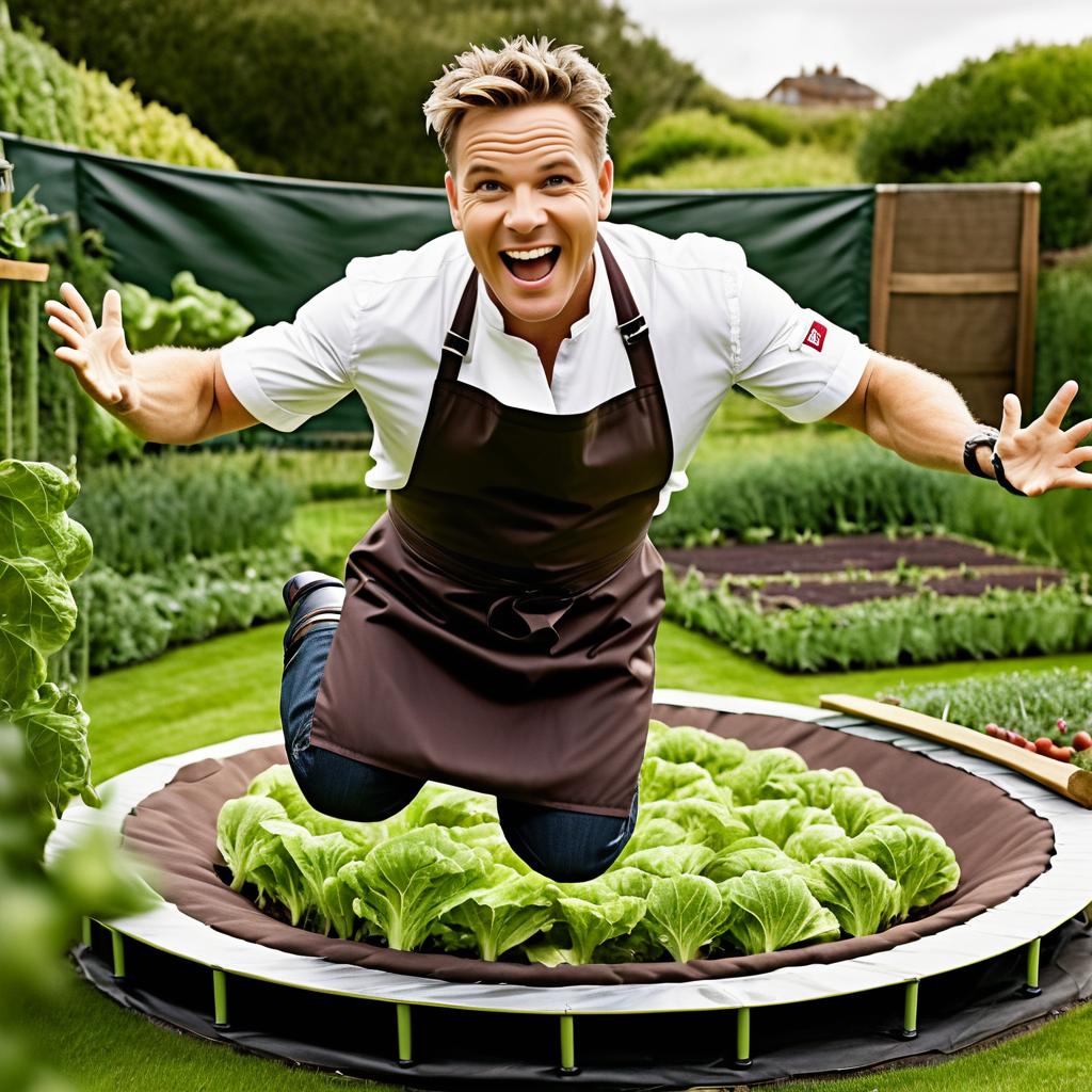 Whimsical Chef Jumping in Garden